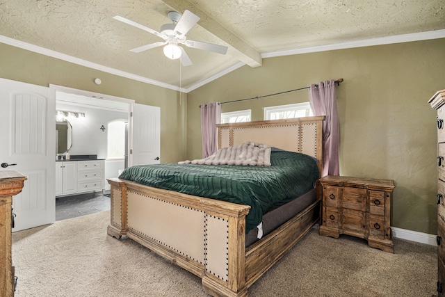 bedroom with lofted ceiling with beams, light carpet, and a textured ceiling