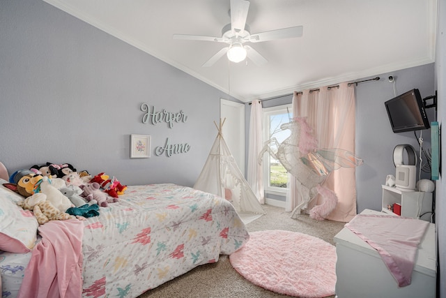 bedroom with ceiling fan, vaulted ceiling, carpet, and ornamental molding