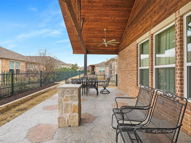 1722 Port Royal Ln, Frisco, TX 75036 - fenced backyard with outdoor dining space, a patio, a ceiling fan, and a residential view