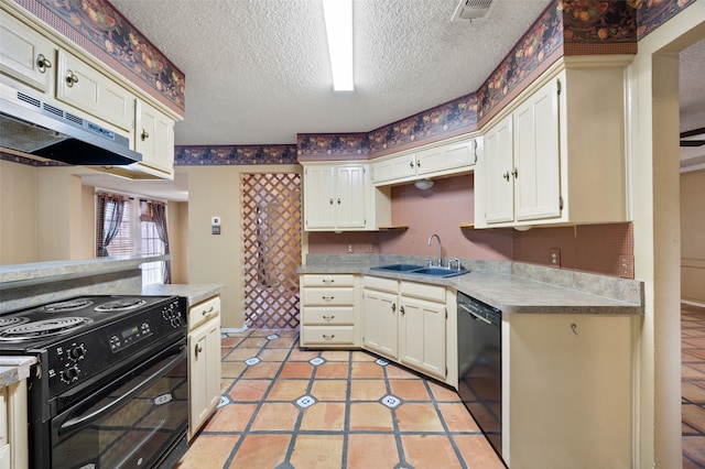 kitchen featuring visible vents, under cabinet range hood, light countertops, black appliances, and a sink