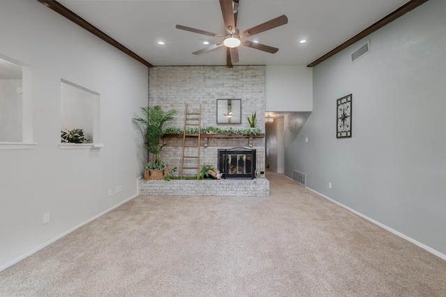 1318 Westpark Dr, Garland, TX 75040 - unfurnished living room featuring a ceiling fan, carpet, recessed lighting, a fireplace, and baseboards