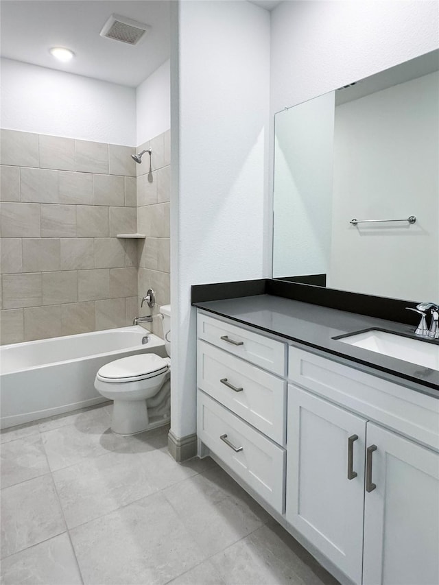 full bath featuring tub / shower combination, visible vents, toilet, and vanity