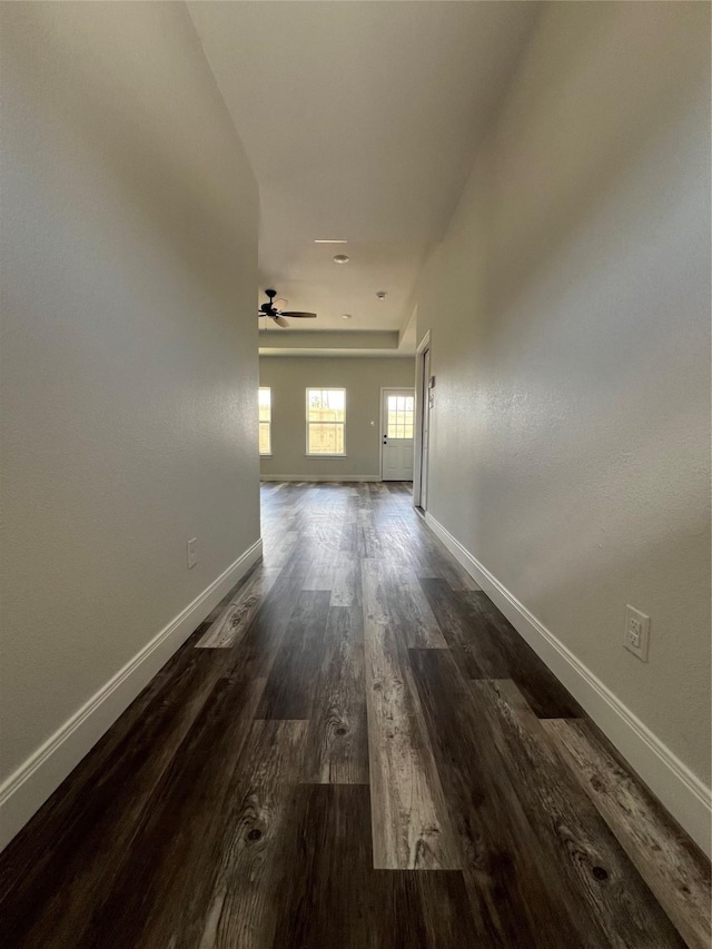 hall featuring baseboards and dark wood-type flooring