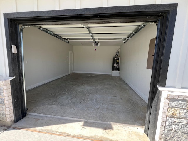 garage featuring water heater, electric panel, baseboards, and a garage door opener