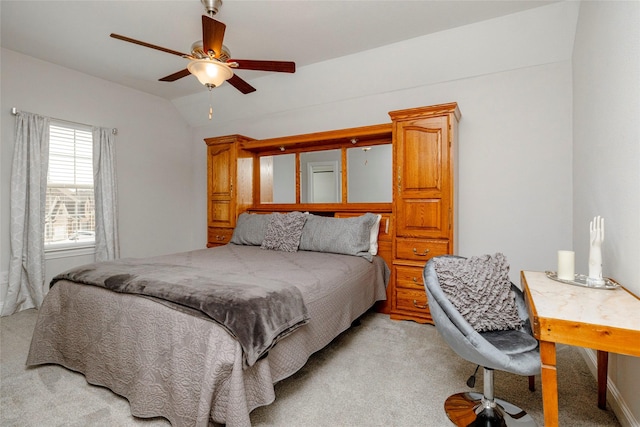 1628 Eleanor Dr, Fort Worth, TX 76052 - bedroom featuring light colored carpet, lofted ceiling, and ceiling fan