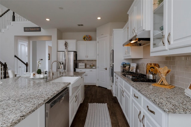 1628 Eleanor Dr, Fort Worth, TX 76052 - kitchen featuring appliances with stainless steel finishes, a sink, white cabinets, backsplash, and dark wood finished floors