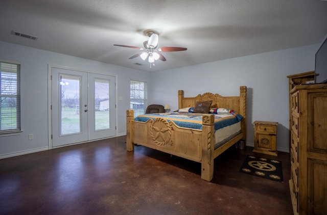 bedroom with visible vents, a ceiling fan, finished concrete floors, french doors, and access to exterior