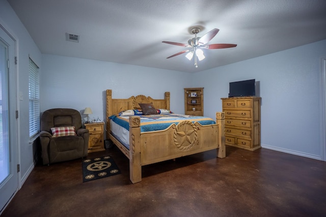 bedroom with visible vents, baseboards, concrete flooring, and a ceiling fan