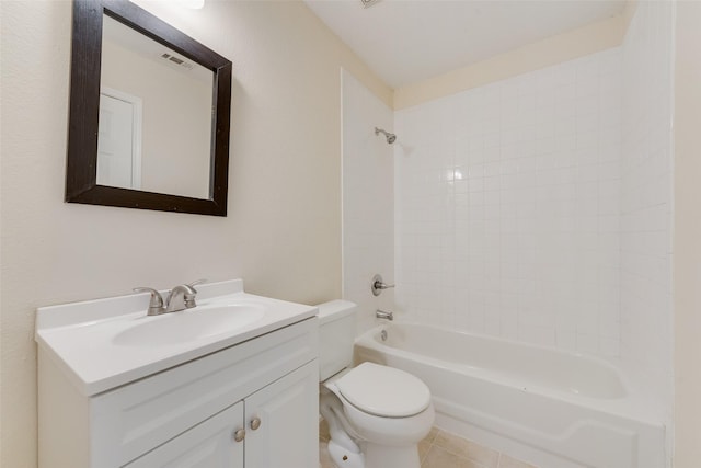 full bathroom with vanity, visible vents, tile patterned flooring, shower / washtub combination, and toilet