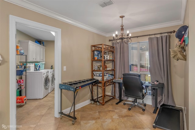 5706 Lake Side Dr, Bossier City, LA 71111 - office featuring visible vents, independent washer and dryer, ornamental molding, an inviting chandelier, and baseboards