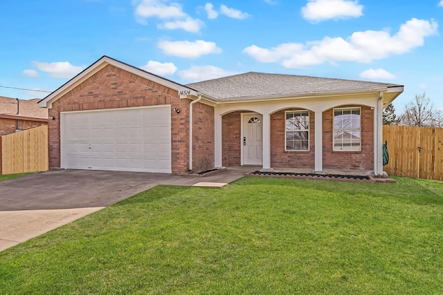 14514 Seagoville Rd, Dallas, TX 75253 - ranch-style home featuring a garage, fence, concrete driveway, brick siding, and a front lawn