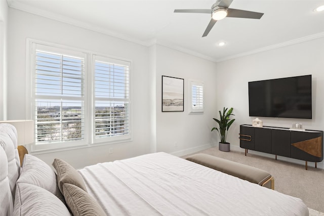 bedroom with crown molding, ceiling fan, baseboards, carpet floors, and recessed lighting