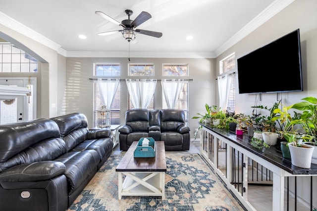 living room with recessed lighting, ceiling fan, and ornamental molding