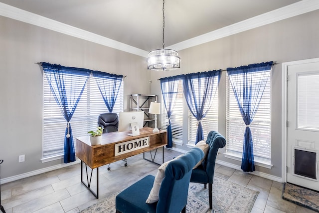 office with a chandelier, light tile patterned floors, baseboards, and ornamental molding