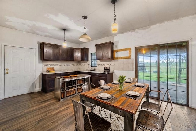 kitchen featuring wood finished floors, dark brown cabinetry, a sink, and a healthy amount of sunlight