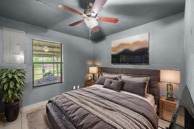 tiled bedroom featuring ceiling fan, baseboards, and electric panel