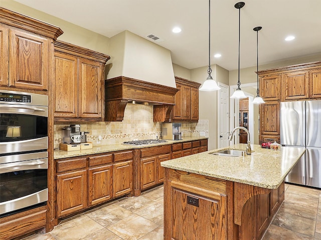741 Butchart Dr, Prosper, TX 75078 - kitchen with appliances with stainless steel finishes, a sink, brown cabinets, custom range hood, and decorative backsplash