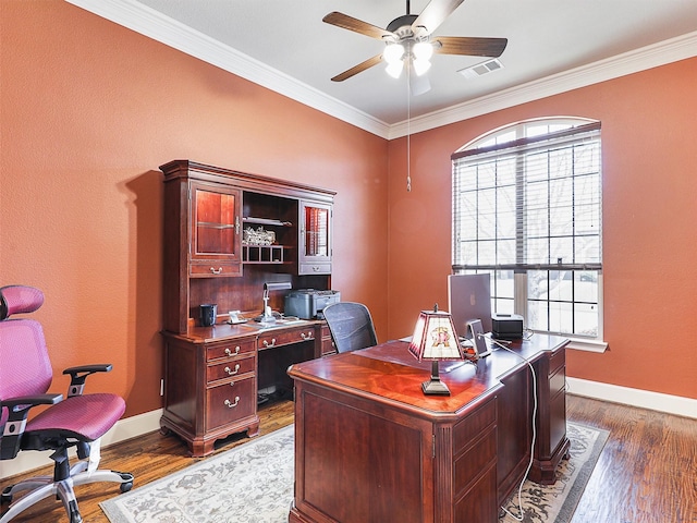 741 Butchart Dr, Prosper, TX 75078 - office area with ceiling fan, crown molding, baseboards, and dark wood-type flooring