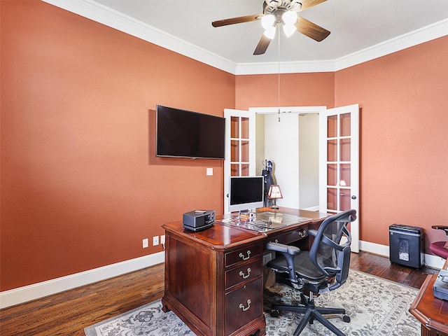 741 Butchart Dr, Prosper, TX 75078 - office featuring ceiling fan, baseboards, dark wood-style floors, and ornamental molding