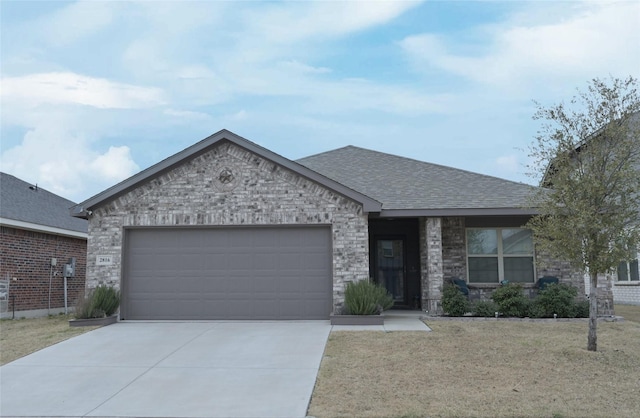 ranch-style home featuring stone siding, roof with shingles, concrete driveway, a front yard, and an attached garage