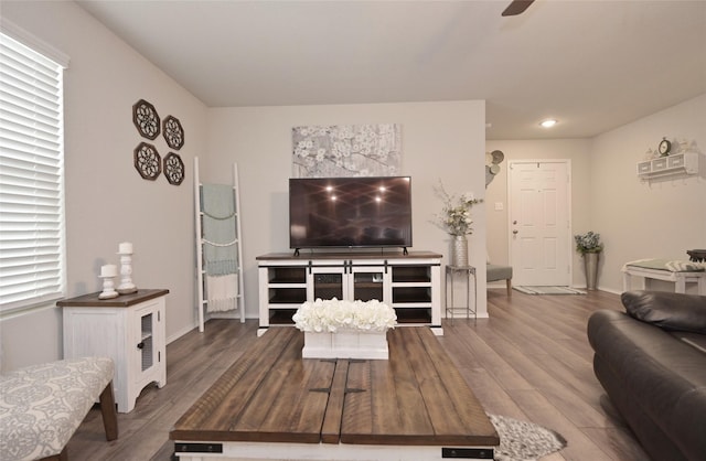 living room with recessed lighting, baseboards, and wood finished floors