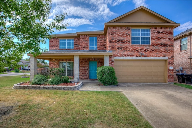 traditional home with an attached garage, brick siding, a front lawn, and concrete driveway