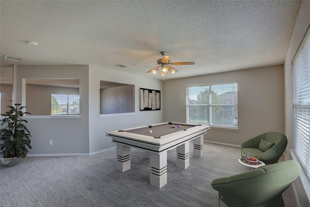 game room with pool table, a ceiling fan, baseboards, visible vents, and carpet