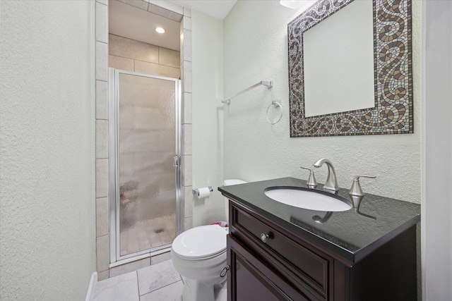 5609 Fursman Ave, Fort Worth, TX 76114 - full bath featuring toilet, vanity, a textured wall, a stall shower, and tile patterned flooring