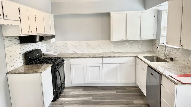 1717 E 15th St, Plano, TX 75074 - kitchen featuring gas stove, under cabinet range hood, a sink, dishwasher, and white cabinetry