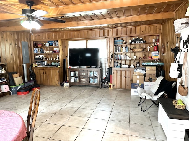 1704 S Houston St, Kaufman, TX 75142 - living room with wooden walls, wood ceiling, tile patterned flooring, a ceiling fan, and electric panel