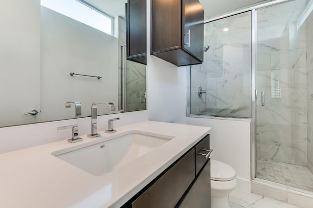 4609 Steel St, Dallas, TX 75219 - bathroom with vanity, a shower stall, toilet, and marble finish floor