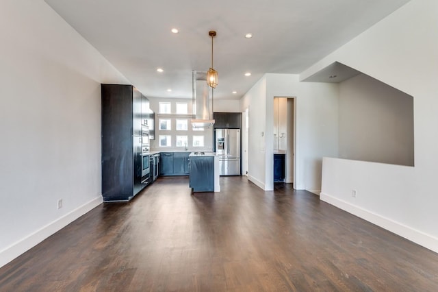 4609 Steel St, Dallas, TX 75219 - kitchen with baseboards, dark wood finished floors, hanging light fixtures, stainless steel refrigerator with ice dispenser, and fridge