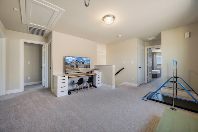 game room with attic access, light carpet, visible vents, and baseboards