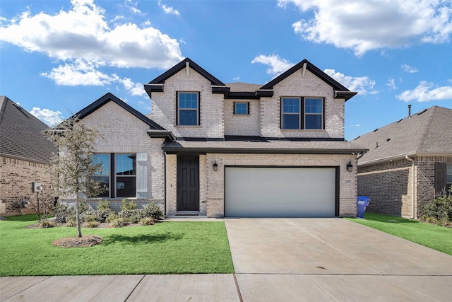 craftsman house with driveway, brick siding, a front yard, and a garage