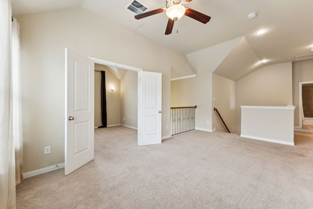 1605 Tahoe Trl, Prosper, TX 75078 - additional living space with ceiling fan, light carpet, vaulted ceiling, and visible vents