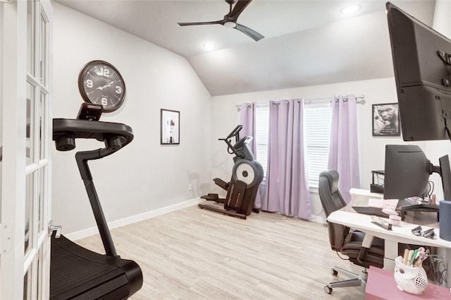 home office featuring a ceiling fan, baseboards, lofted ceiling, recessed lighting, and light wood-style floors