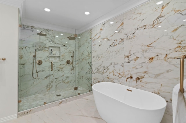 full bath with recessed lighting, a freestanding bath, marble finish floor, and a marble finish shower