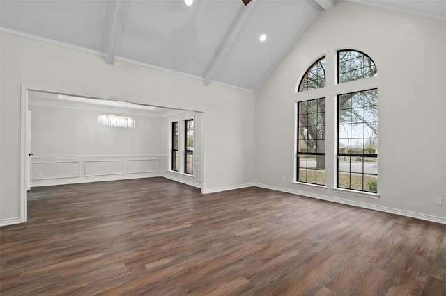 spare room with dark wood-style floors, recessed lighting, an inviting chandelier, beam ceiling, and high vaulted ceiling
