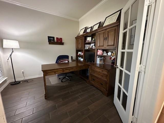 1615 Summerfield Dr, Allen, TX 75002 - office area with ornamental molding, dark wood-type flooring, and baseboards