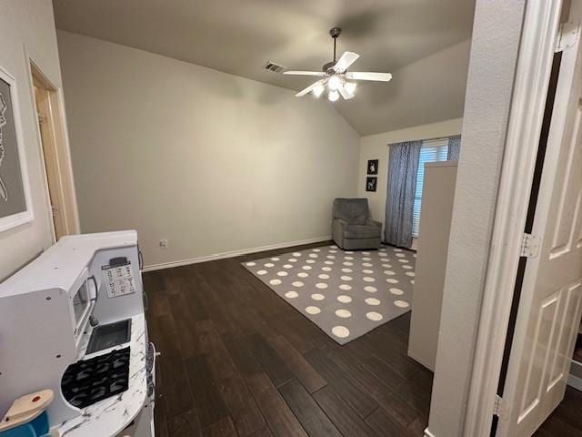 1615 Summerfield Dr, Allen, TX 75002 - interior space with ceiling fan, dark wood-style floors, vaulted ceiling, and baseboards