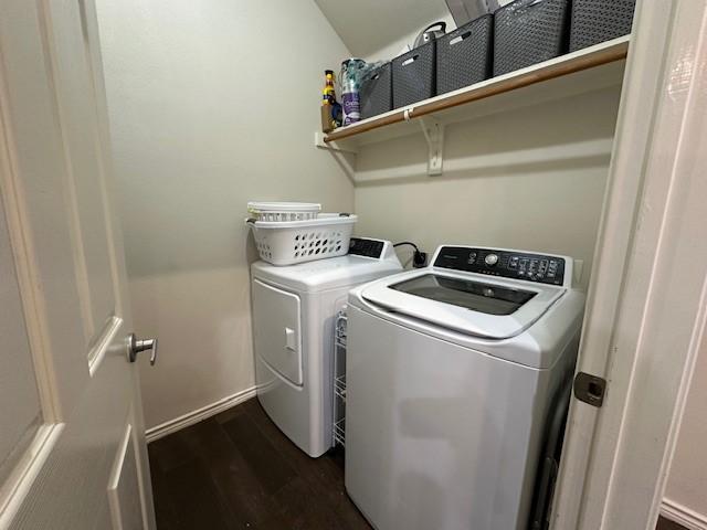 1615 Summerfield Dr, Allen, TX 75002 - laundry room featuring washer and dryer, dark wood-style floors, and baseboards