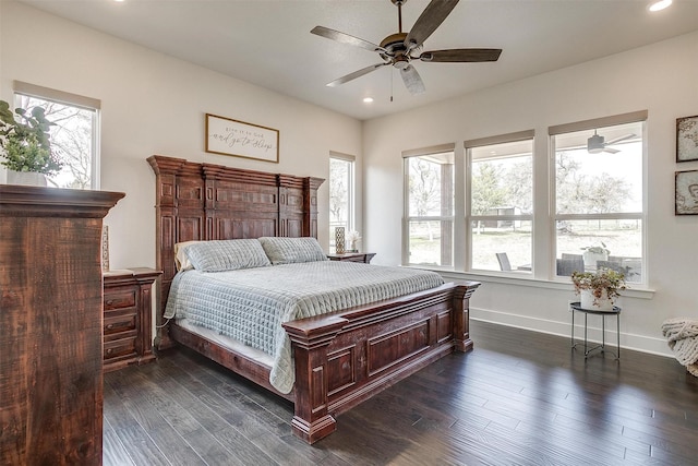 201 Flat Rock Ln, Weatherford, TX 76088 - bedroom featuring baseboards, recessed lighting, dark wood-type flooring, and a ceiling fan