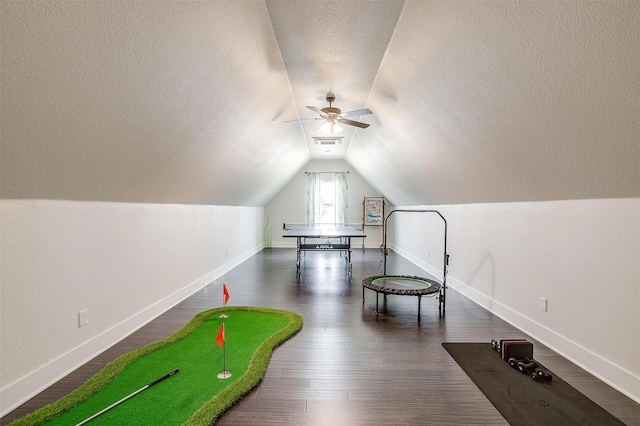 201 Flat Rock Ln, Weatherford, TX 76088 - recreation room with a textured ceiling, ceiling fan, lofted ceiling, baseboards, and wood finished floors
