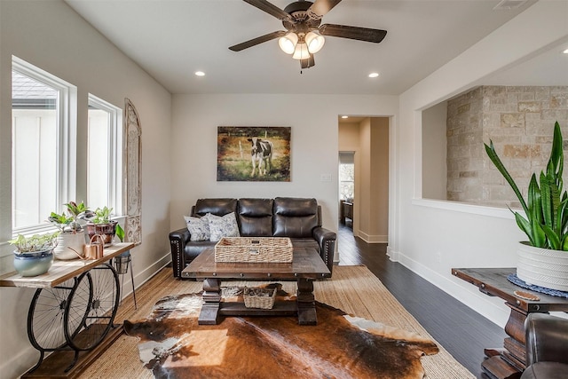 201 Flat Rock Ln, Weatherford, TX 76088 - living area with baseboards, a ceiling fan, wood finished floors, and recessed lighting