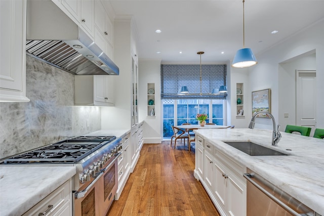 kitchen with a sink, appliances with stainless steel finishes, under cabinet range hood, crown molding, and light wood-type flooring