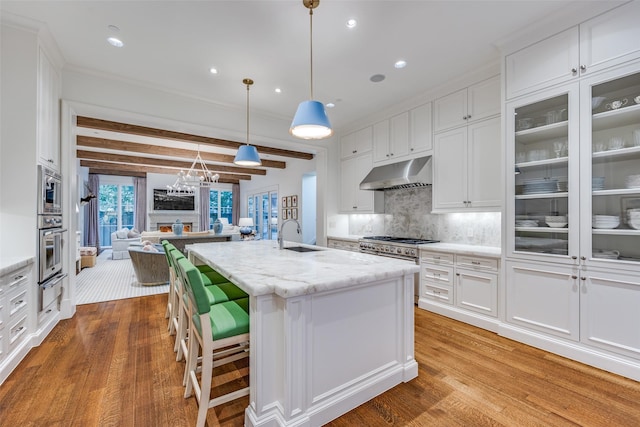 kitchen featuring under cabinet range hood, stainless steel appliances, tasteful backsplash, and white cabinets