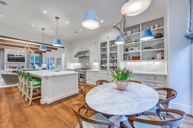 kitchen with under cabinet range hood, light wood finished floors, white cabinetry, and high end stainless steel range oven