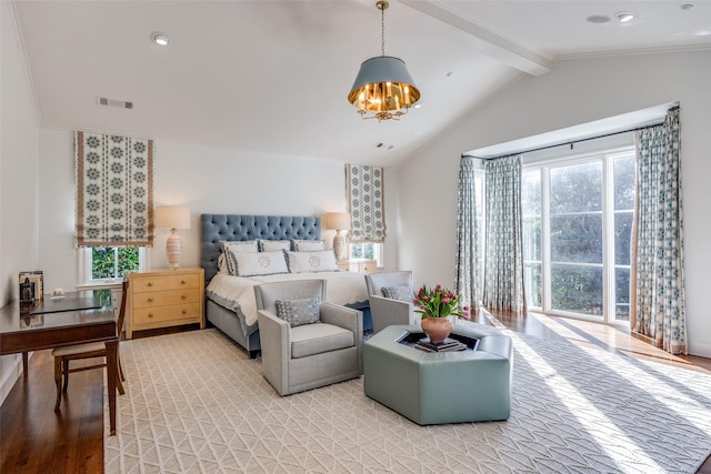 bedroom with lofted ceiling with beams, visible vents, an inviting chandelier, and light wood finished floors