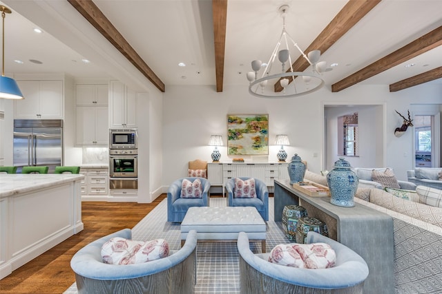 living area with recessed lighting, beamed ceiling, an inviting chandelier, and wood finished floors