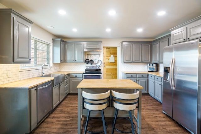 1025 Oak Hurst Dr, Grapevine, TX 76051 - kitchen with stainless steel appliances, gray cabinets, a sink, wooden counters, and recessed lighting